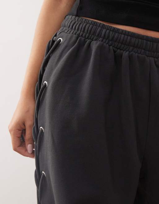 Weekday wide leg joggers with side tie eyelet detail in off-black, 3 of 5