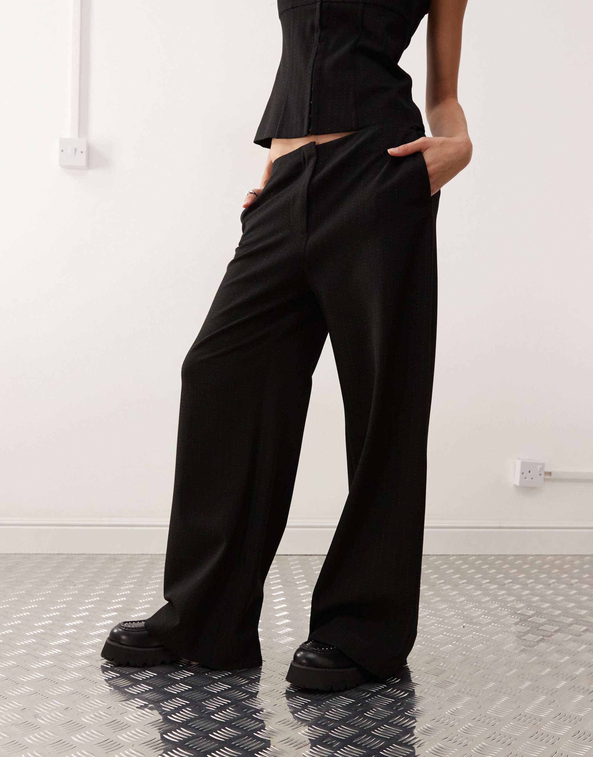 weekday wide leg pants with waistband detail in black pinstripe