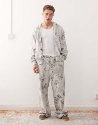 Weekday Wide Leg Sweatpants With Scribble Graphic Print In Gray