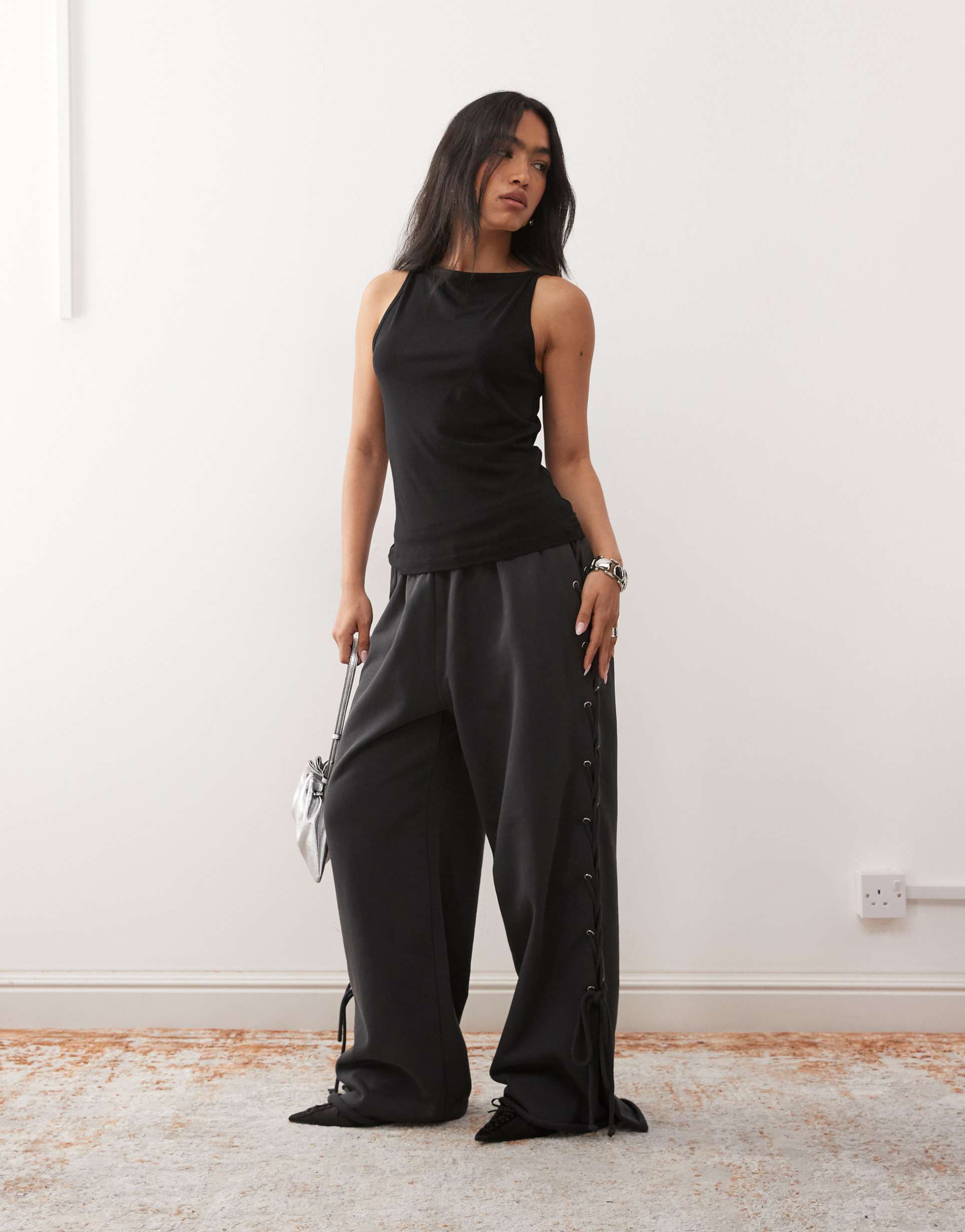 weekday wide leg sweatpants with side tie grommet detailing in off black