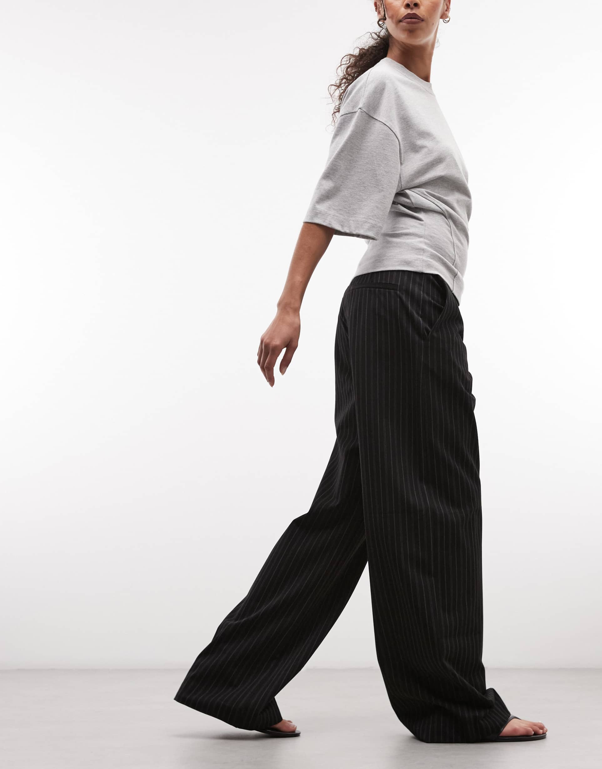 weekday wide leg tailored pants in black pinstripes