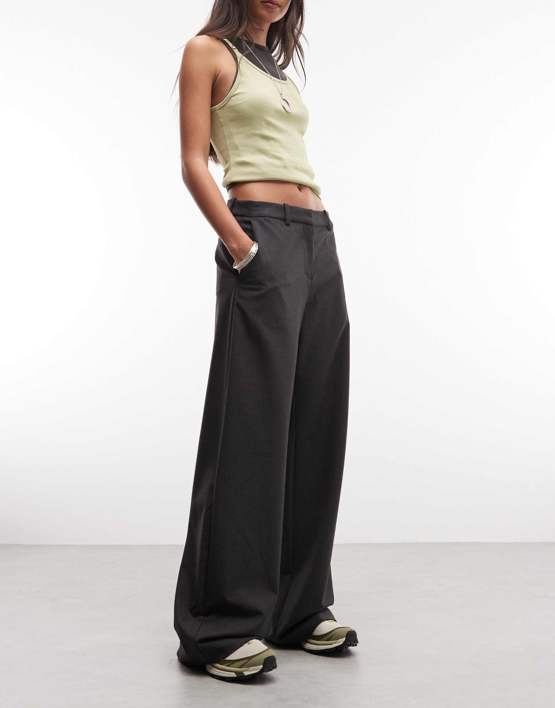 weekday wide leg tailored pants in dark gray melange pinstripe