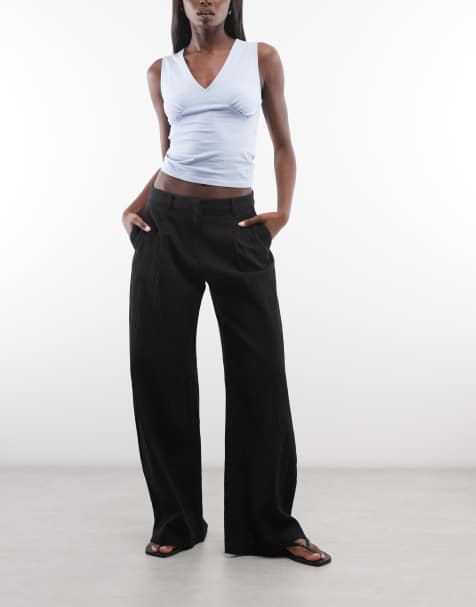 Weekday wide leg tailored trousers in crinkle fabric in off-black - view 1