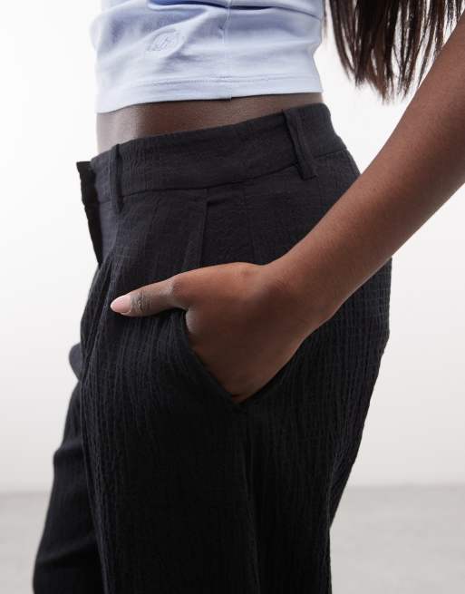 Weekday wide leg tailored trousers in crinkle fabric in off-black, 5 of 5