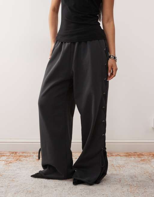 Weekday wide leg trackies with side tie eyelet detail in off-black, 2 of 5