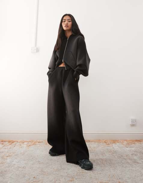 Weekday wide leg tracksuit sweatpants in scuba-style fabric in washed black - part of a set - view 1