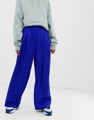 blue wide leg trousers