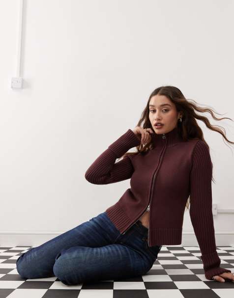 Weekday - Winona - Cardigan accollato bordeaux con polsini risvoltati e zip - view 1