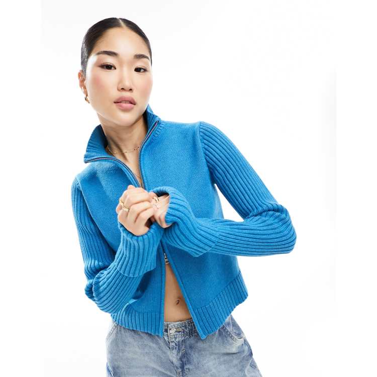 Weekday Winona high neck rib zip-through cardigan in blue marl | ASOS