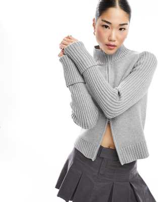 Weekday Winona high neck rib zip-through cardigan in Grey