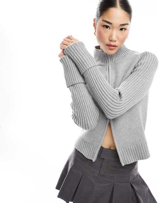 Weekday Winona high neck rib zip-through cardigan in Gray 