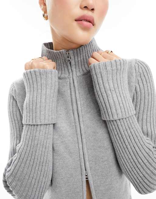 Weekday Winona high neck rib zip-through cardigan in Gray 