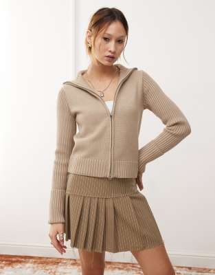 Weekday Weekday Winona high neck zip cardigan with folded cuffs in beige-Neutral