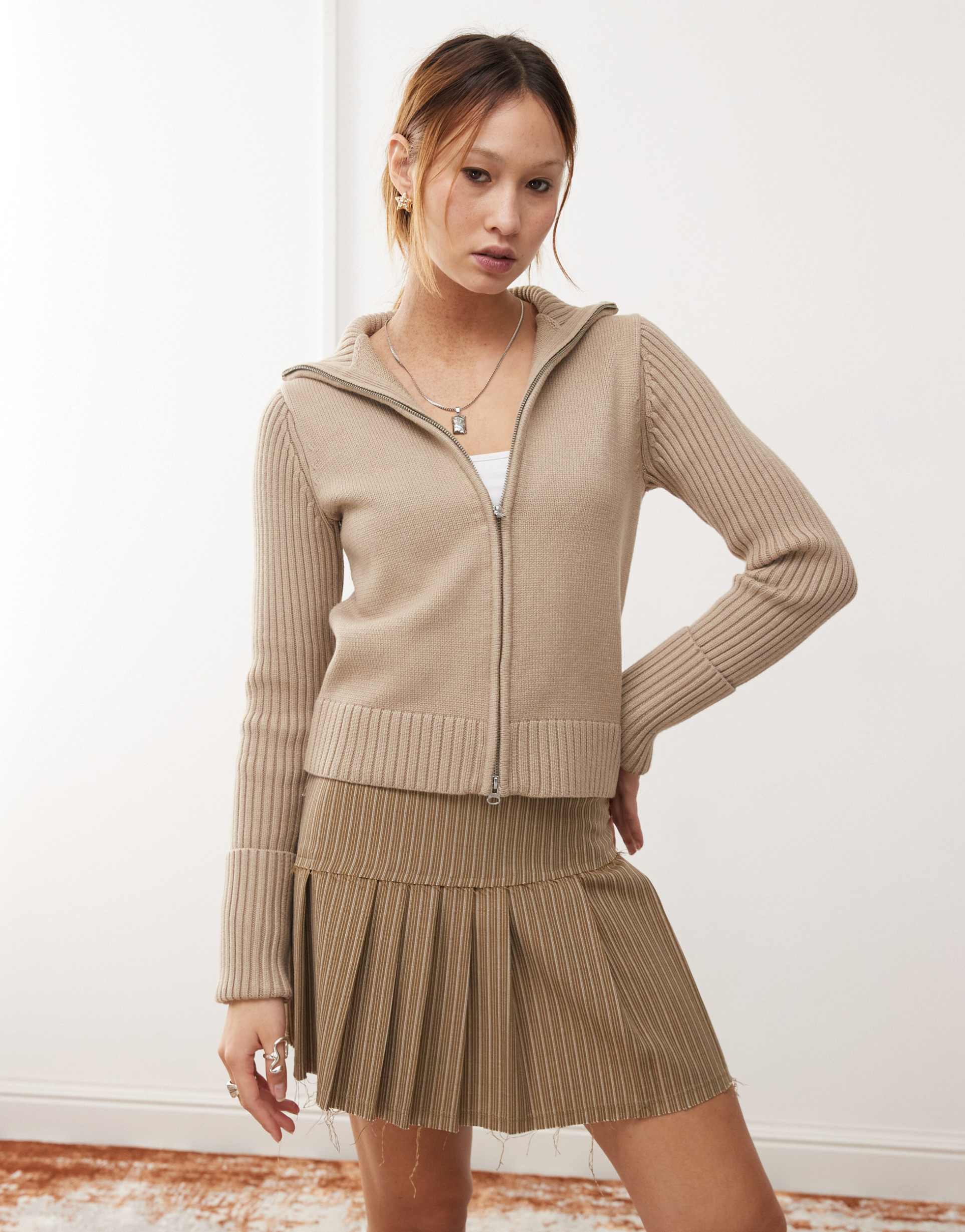 weekday winona high neck zip cardigan with folded cuffs in beige
