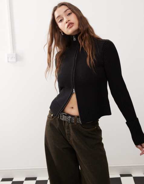Weekday Winona high neck zip cardigan with folded cuffs in black - view 1