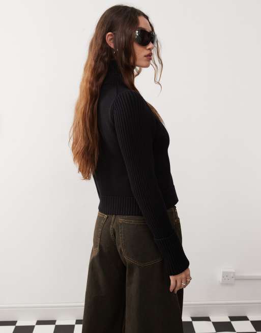 Weekday Winona high neck zip cardigan with folded cuffs in