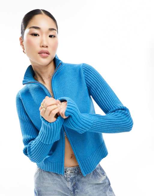 Weekday - Winona - Hoogsluitend geribbeld vest met rits in gemêleerd blauw