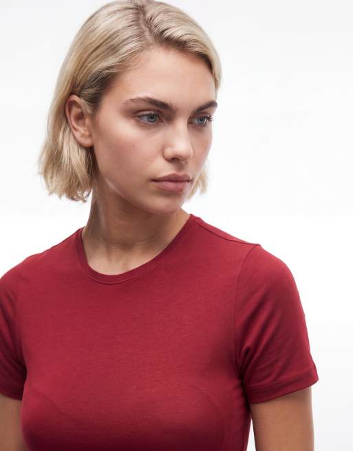 Weekday – Wiśniowoczerwony dopasowany T-shirt, 3 z 4