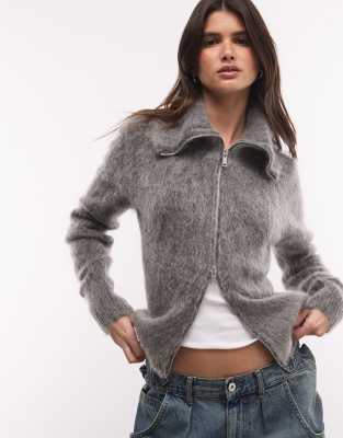 Weekday Wool And Mohair Blend Hairy Yarn Zip Cardigan In Gray