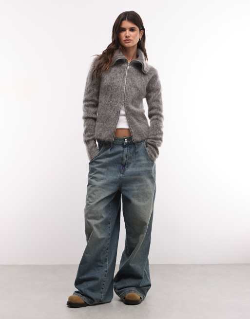 Weekday wool and mohair blend hairy yarn zip cardigan in dark gray melange, 4 of 4