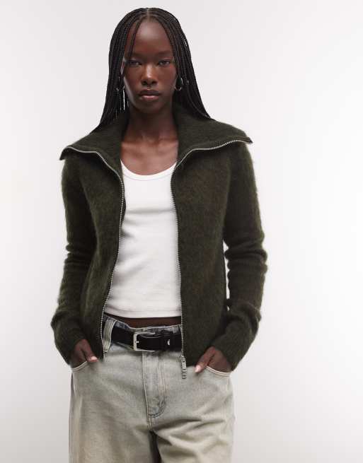 Weekday wool and mohair blend hairy yarn zip cardigan in dark green melange, 3 of 4