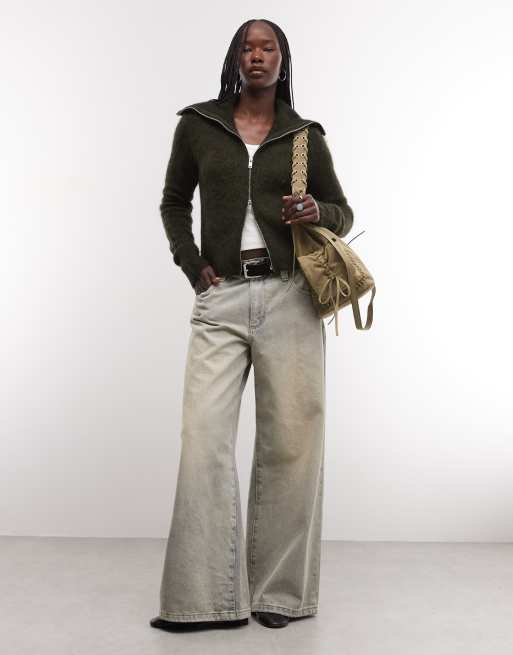 Weekday wool and mohair blend hairy yarn zip cardigan in dark green melange, 4 of 4