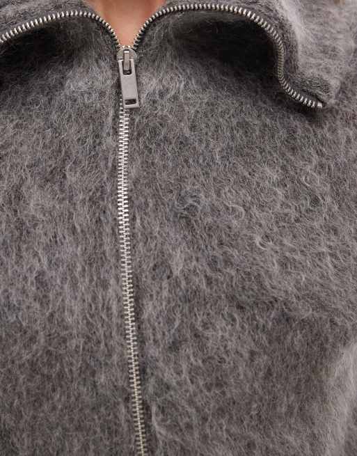 Weekday wool and mohair blend hairy yarn zip cardigan in dark grey melange, 3 of 4