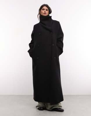 Weekday Wool Blend Double Breasted Coat With Funnel Neck And Shoulder Pads In Black