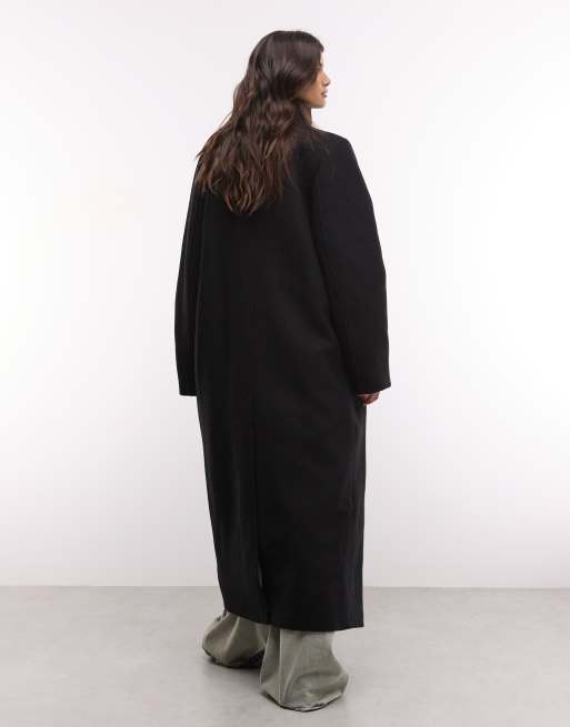 Weekday wool blend double breasted coat with funnel neck and shoulder pads in black, 2 of 4