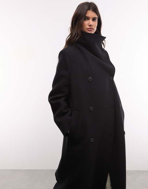 Weekday wool blend double breasted coat with funnel neck and shoulder pads in black, 3 of 4