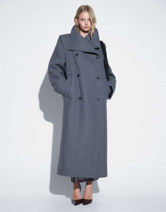 Weekday wool blend double breasted coat with funnel neck and