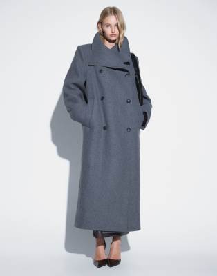 Weekday Wool Blend Double Breasted Coat With Funnel Neck And Shoulder Pads In Gray