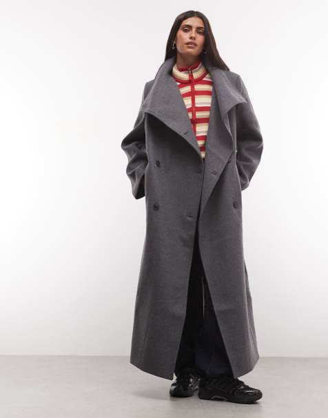 Weekday wool blend double breasted coat with funnel neck and shoulder pads in dark grey melange - view 1
