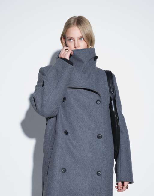 Weekday wool blend double breasted coat with funnel neck and shoulder pads in dark grey melange, 2 of 4