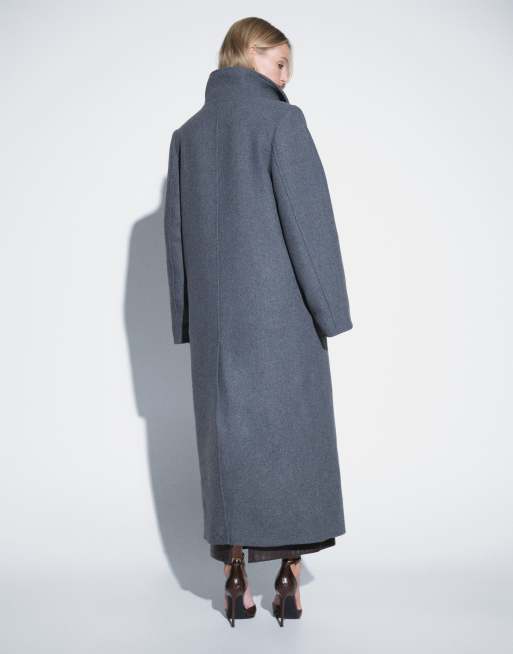 Weekday wool blend double breasted coat with funnel neck and shoulder pads in dark grey melange, 3 of 4