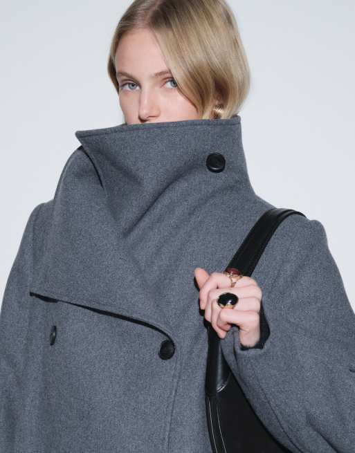 Weekday wool blend double breasted coat with funnel neck and shoulder pads in dark grey melange, 4 of 4