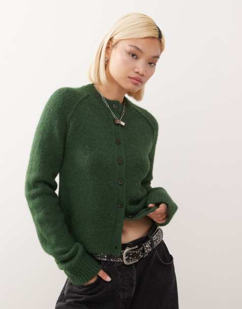 Weekday wool blend fitted cardigan in heathered dark green - view 1