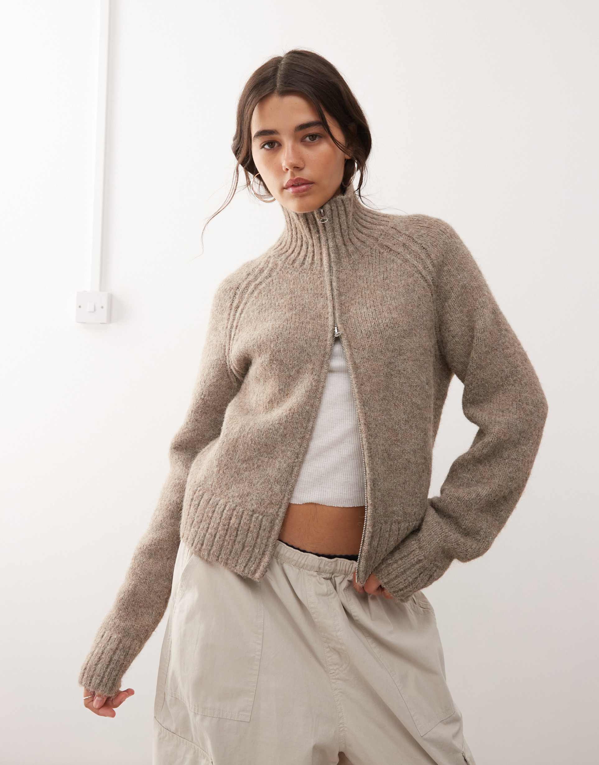 weekday wool blend fuzzy knit zip through cardigan in dark mole melange