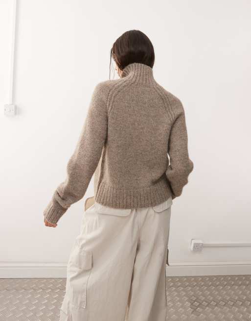 Weekday wool blend fuzzy knit zip through cardigan in dark mole melange