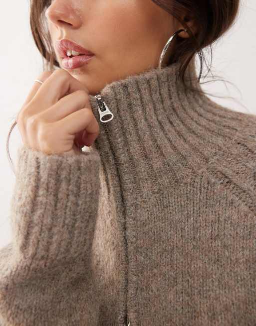 Weekday wool blend fuzzy knit zip through cardigan in dark mole melange