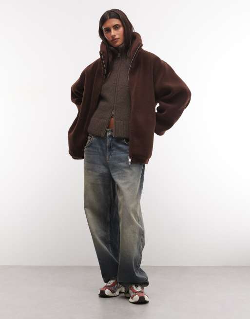 Weekday wool blend hairy knit zip through cardigan in dark brown melange, 2 of 4