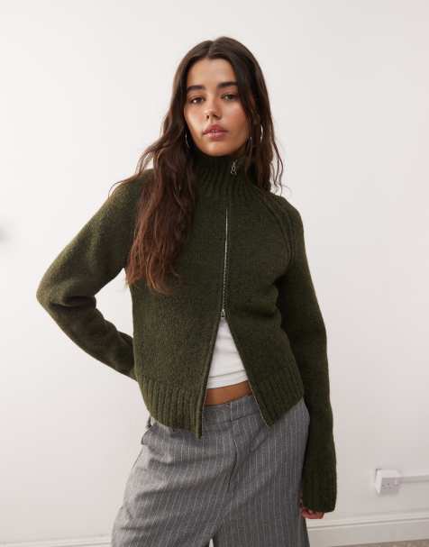 Weekday wool blend hairy knit zip through cardigan in dark green melange - view 1