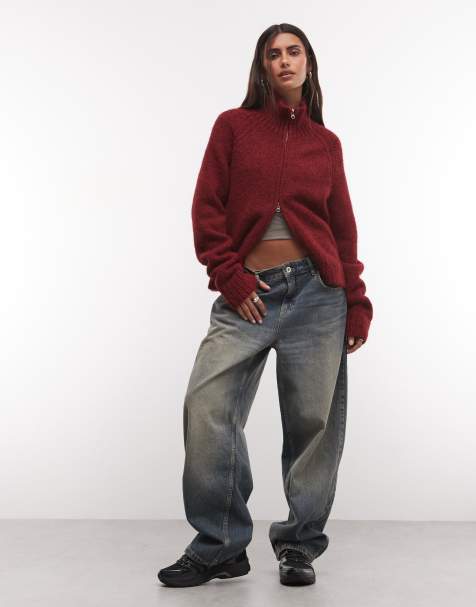 Weekday wool-blend hairy knit zip-through cardigan in dark red melange - view 1