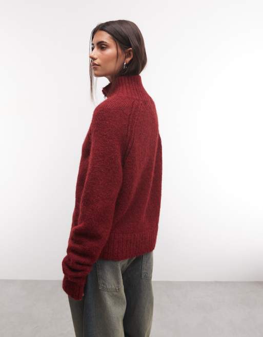 Weekday wool blend hairy knit zip through cardigan in dark red melange, 4 of 4