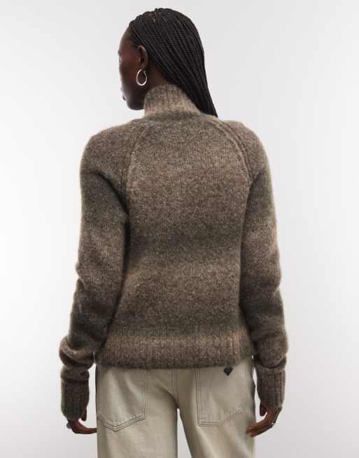Weekday wool blend hairy knit zip through cardigan in khaki and brown space dye melange, 2 of 4