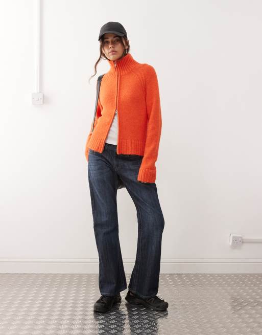 Weekday wool blend hairy knit zip through cardigan in orange melange