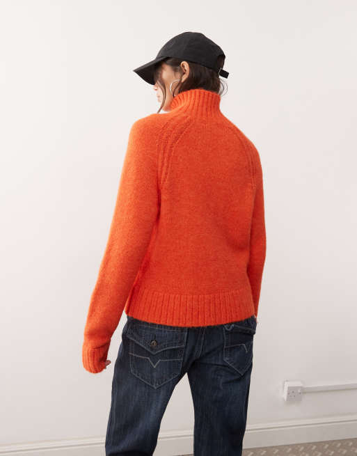 Weekday wool blend hairy knit zip through cardigan in orange melange