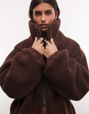Weekday Wool Blend Hairy Knit Zip Up Cardigan In Brown