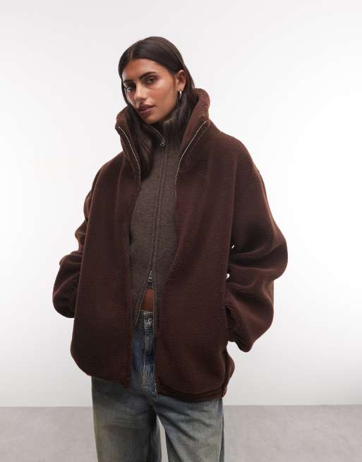 Weekday wool blend hairy knit zip up cardigan in dark brown melange, 3 of 4
