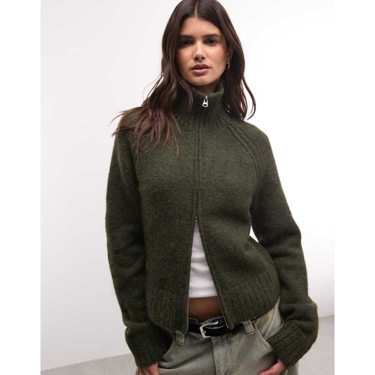 Weekday wool blend hairy knit zip up cardigan in dark green